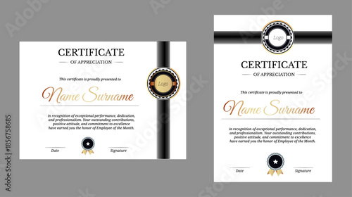 Professional certificate of appreciation for Employee of the Month, featuring elegant ribbon design in portrait and landscape layouts