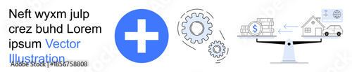 Financial planning, investment strategies, decision-making, economy, budget management, property ownership. A scale balancing money and house with gears. Financial planning and investment