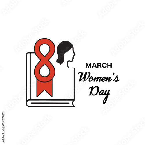 Stylized Women's Day Graphic with Red Ribbon Number Eight, Book Outline, and Female Silhouette