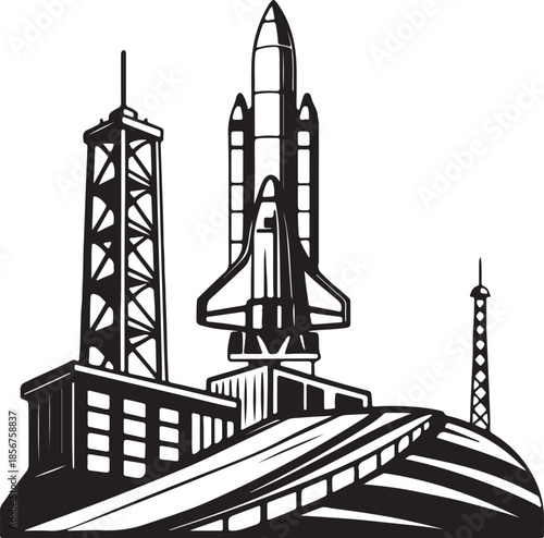 Futuristic rocket launching from moon base silhouette vector
