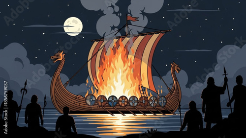 Viking longboat on fire at night with silhouetted figures watching, full moon and stars