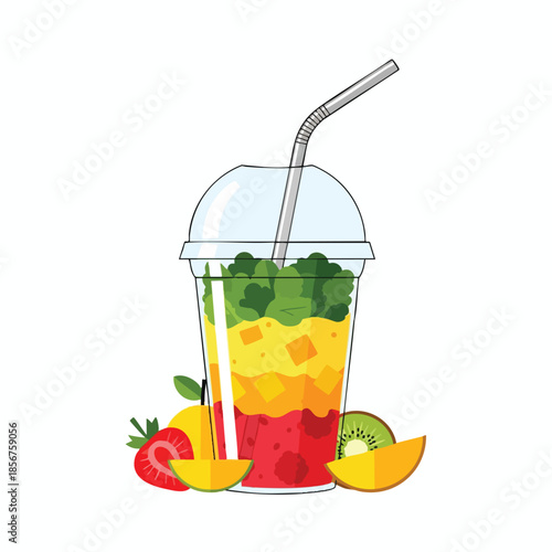 Colorful smoothie in a clear cup with straw, and fresh fruits around it