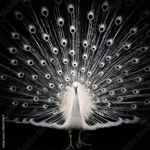 Generative AI Majestic White Peacock Displaying Feathers on Black Background, Elegant Fine Art Wildlife Portrait