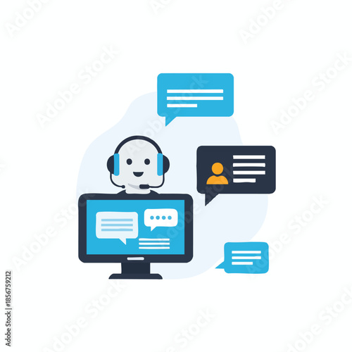 An illustration depicting a customer service chat with a bot, speech bubbles, and contact info