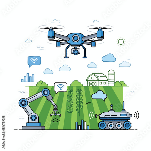 Illustration depicts a drone, robotic arm, and rover over a green field