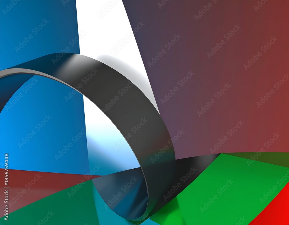 Obraz premium Abstract geometric composition. Curved, metallic ribbon intersects colorful, layered shapes