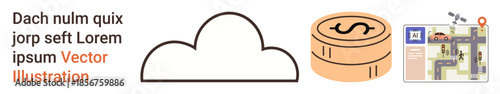 Cloud storage, financial management, map navigation, data storage, digital finance, technology use. A cloud, coin stack and a map design with icons. Cloud storage and financial management concepts