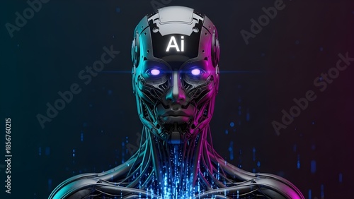 Futuristic humanoid robot head with glowing AI text on forehead and purple neon lights 3D render
