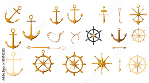 Elegant 3d Rendered Nautical Symbols Including Anchors, Ship Wheels, and Ropes