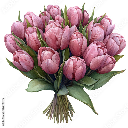 Bouquet Of Pink Tulips, watercolor painting capturing graceful lines and soft blended shades, isolated on a white background.