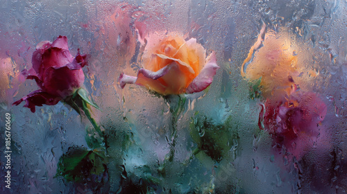 Roses softly visible behind frosted glass, creating an elegant, dreamy, and atmospheric floral background with a sense of mystery and romance.