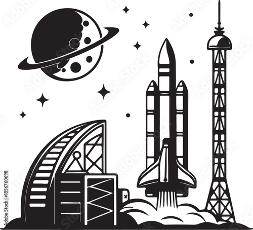 Futuristic rocket launching from moon base silhouette vector