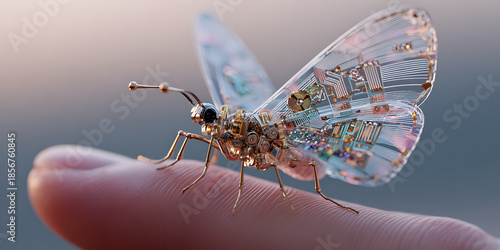 Mechanical Butterfly: A close-up shot features a delicate robotic butterfly perched gracefully on a fingertip.