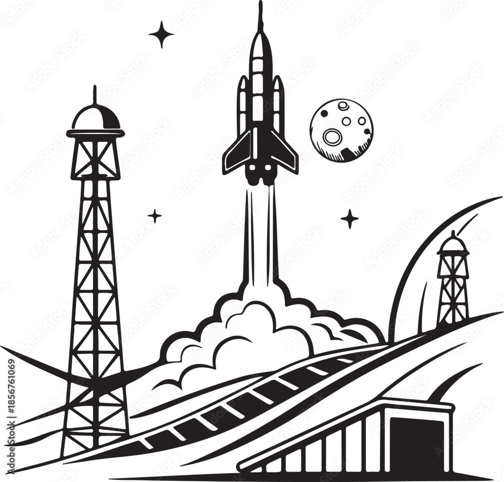 Fototapeta premium Futuristic rocket launching from moon base silhouette vector
