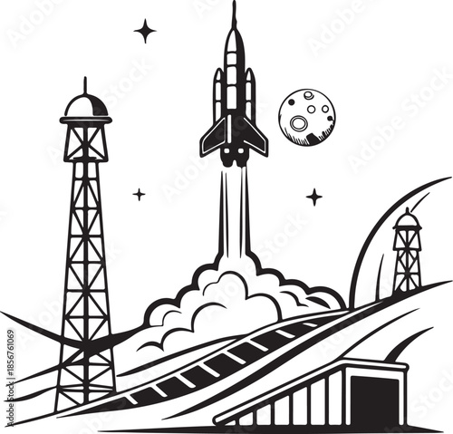 Futuristic rocket launching from moon base silhouette vector