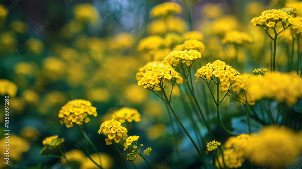 Fototapeta premium Soft-focus photograph of small yellow Aurinia saxatilis flowers blooming in a spring garden, also known as basket of gold, goldentuft alyssum, golden alison, gold-dust, or rock madwort.