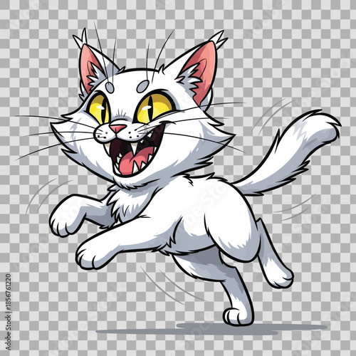 Cute black cartoon cat character vector illustration featuring a funny domestic kitten pet with a bow, expressive eyes, and a long tail in a clean feline art design