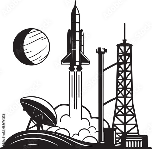 Futuristic rocket launching from moon base silhouette vector