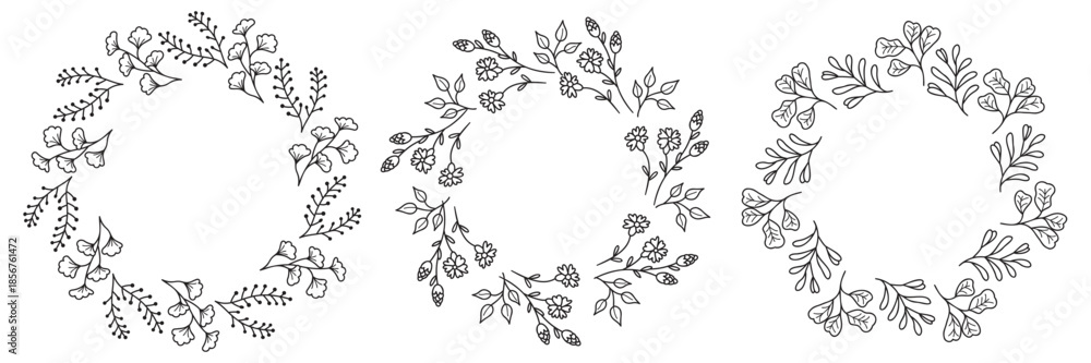 Obraz premium Wildflower twigs frame set. Round shapes border of botanical elements various species. Black linea plants isolated on a white background with copy space. Natural vector design for poster template.