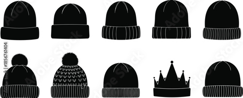 Collection of winter beanie hats and crown silhouettes in black color on white background, fashion accessory cad drawing flat vector illustration for apparel