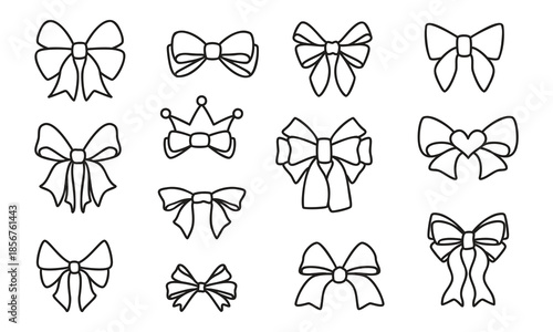 Linea bowknot collection. Gift bows drawn with black line isolated on a white background. Festive objects for decorating cards, invitations, posters. Vector illustrations for wedding events, parties.