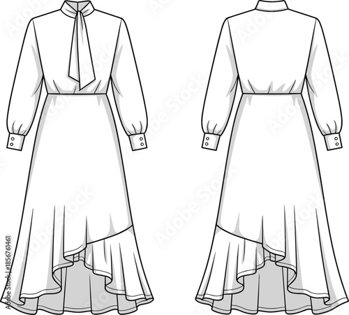 Fashion technical drawing of elegant long sleeve midi dress with tie neck and high low hem, front and back flat sketch