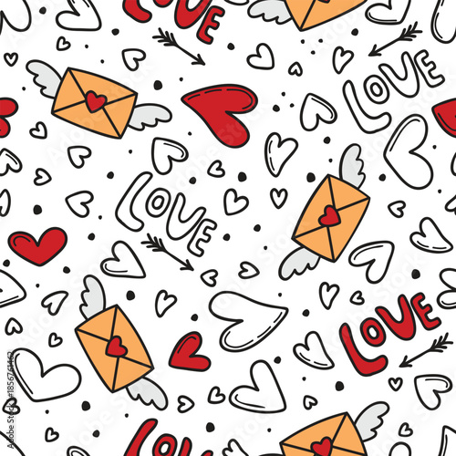 Love-themed seamless pattern with doodle elements. Linear objects with partial coloring. Love letter, hearts, arrows, lettering. Romantic print on fabric and paper. Vector design for Valentine's Day.
