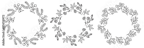 Wildflower twigs frame set. Round shapes border of botanical elements  various species. Black linea plants isolated on a white background with copy space. Natural vector design for poster template.