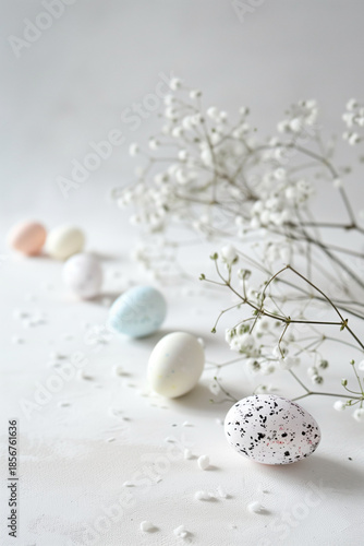 Uova di Pasqua pastello con fiori delicati su tavolo chiaro