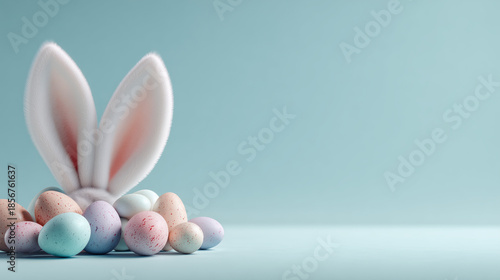 Uova di Pasqua decorative con orecchie di coniglio su sfondo azzurro