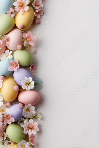 Bordo pasquale verticale con uova pastello e fiori primaverili su sfondo chiaro