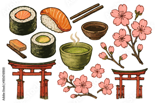 Japanese Traditional Objects and Cherry Blossoms