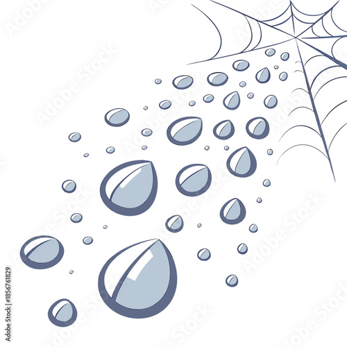 A graphic depiction of water droplets and a spiderweb against a plain white background showcasing a simple design
