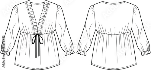 Fashion technical drawing of long sleeve blouse with ruffled V neckline and empire waist tie, front and back flat sketch