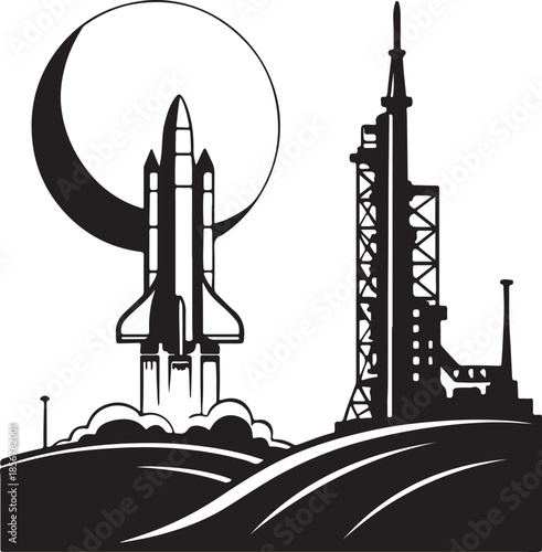 Futuristic rocket launching from moon base silhouette vector