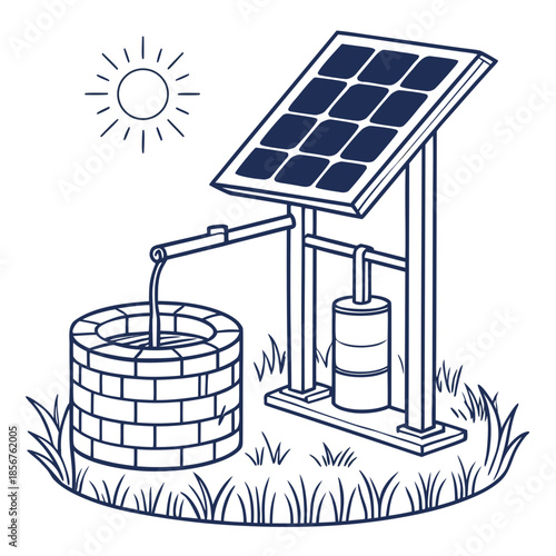 A solar powered water pump system illustration displaying sustainable energy use for rural water access needs