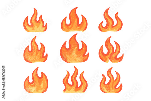 Nine cartoon flames glowing against a dark background