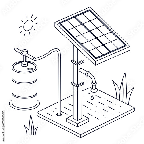 A solar powered water pump illustration shows sustainable energy powering irrigation for a small garden landscape