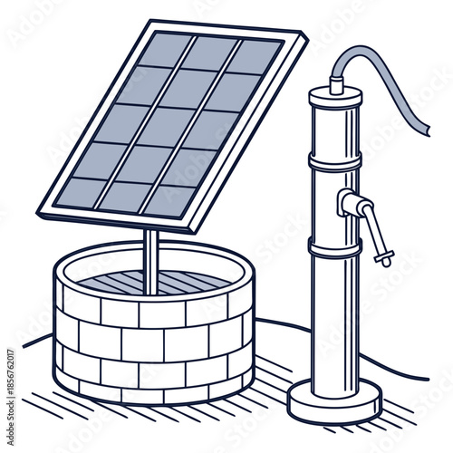 A schematic illustration depicts a solar powered water pump system with a well structure detail