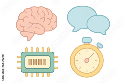 Conceptual icons of brain, communication, technology, and time