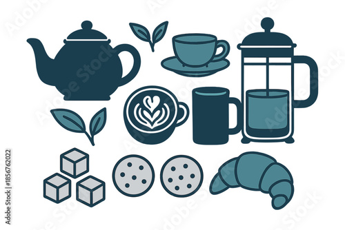 Coffee and Tea Icons with Croissant and Cookies