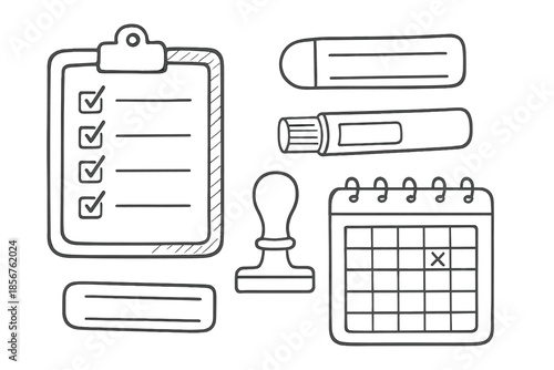 Hand-drawn icons of office supplies on a dark background
