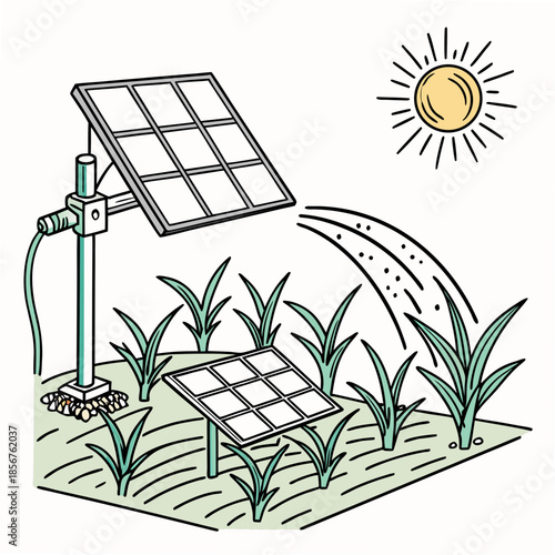 Solar powered water pump irrigates a vibrant green field of crops under the bright sunlight sustainable farming