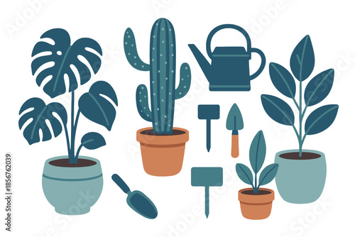 Stylized potted plants and gardening tools with glowing effect