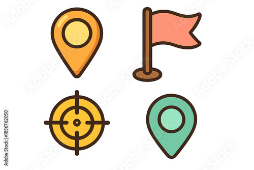 Four Location and Navigation Icons on Brown Background