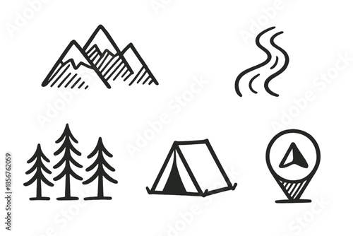 Camping and nature icons on a textured background