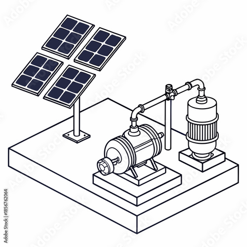 Illustrative diagram showcasing a solar powered water pumping system with panels motor and well components