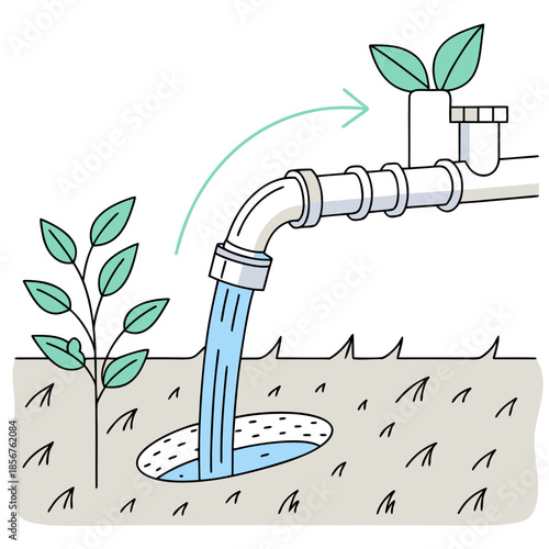 Water flowing from a pipe irrigates the land promoting plant growth and symbolizing sustainable agriculture