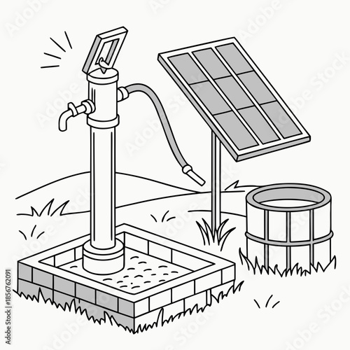 A simple depiction of a solar powered water pump with a storage barrel illustrative drawing style