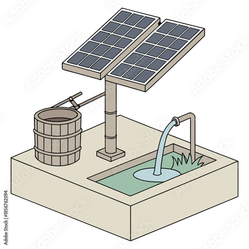 A solar powered water pump illustration depicts sustainable energy utilized for drawing water from a source